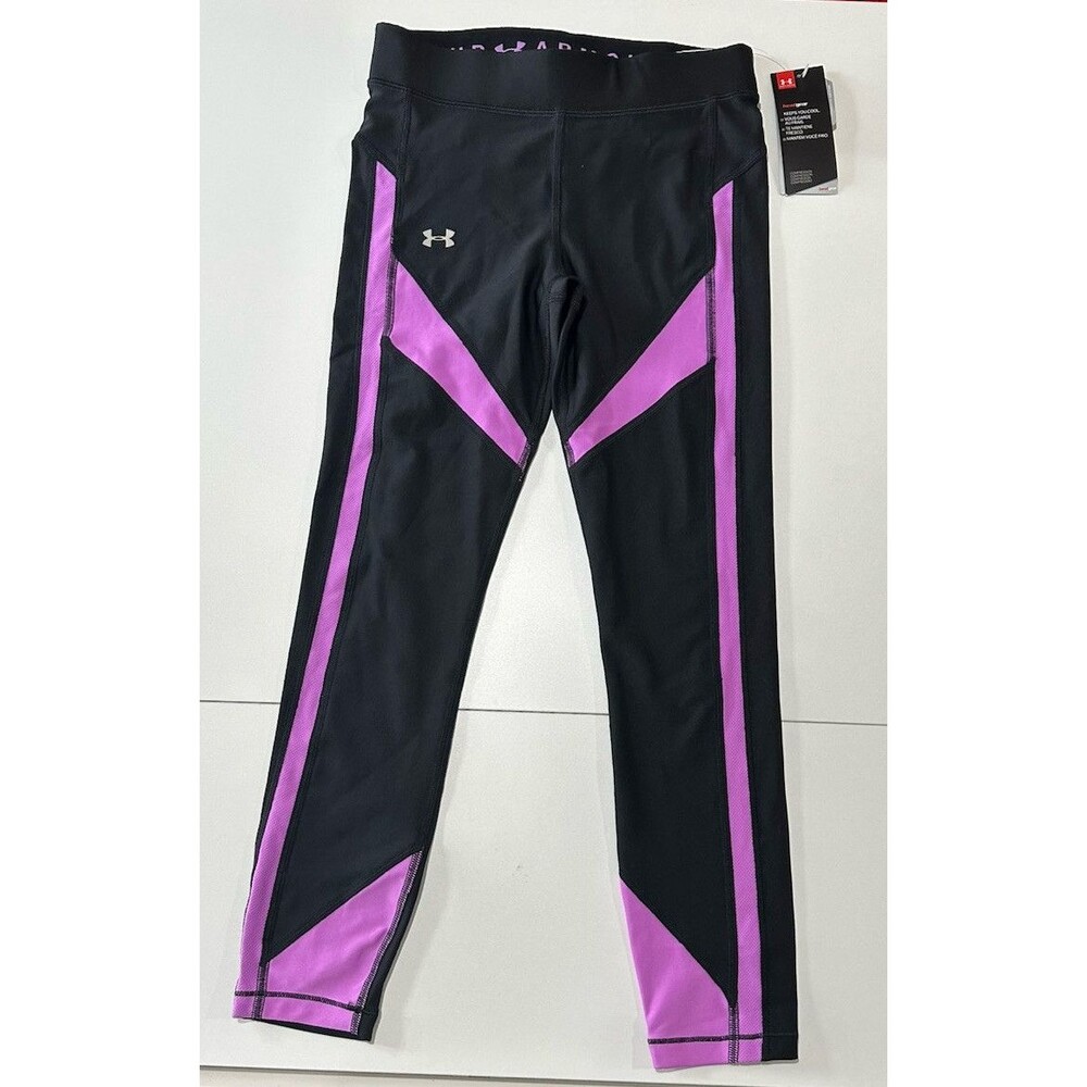UNDER ARMOUR WOMEN'S HEATGEAR COLOR BLOCK ANKLE CROP BLACK/PURPLE #1305967 Small